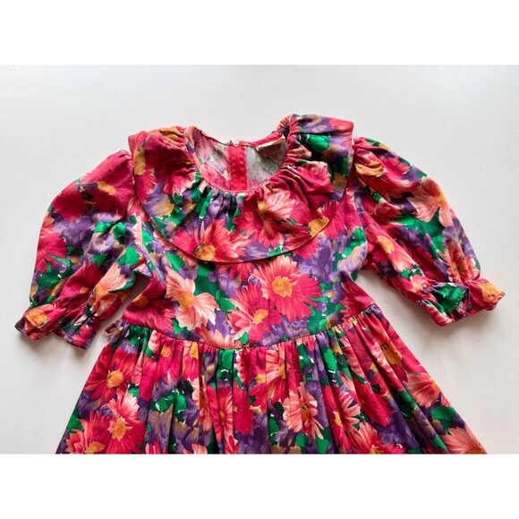 Vintage Girls' MONAT Red Purple Floral Cotton Muslin Fit & Flare Dress, Size 10 - Picture 3 of 10